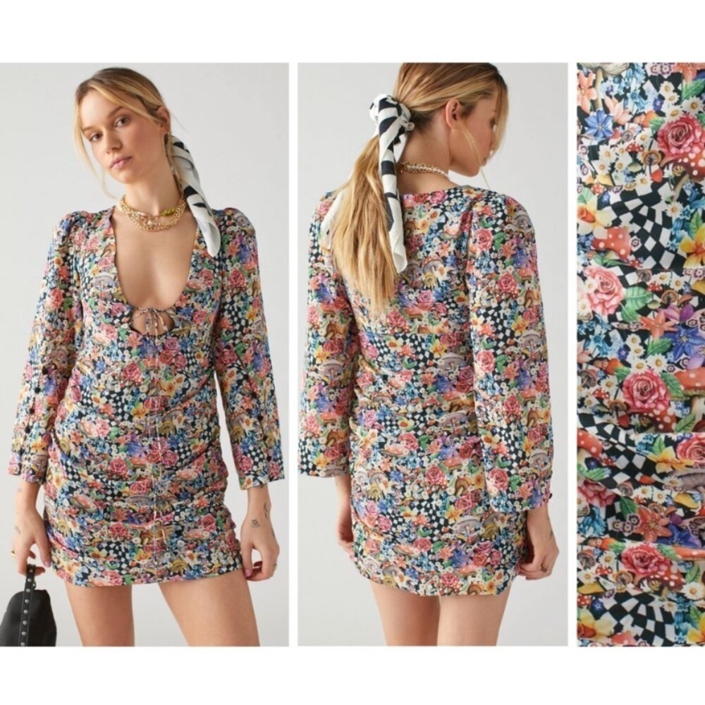 For Love & Lemons June mushroom Checkered Floral Mini Dress 22634